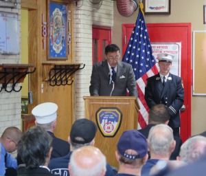 Fire Commissioner Daniel Nigro salutes Ladder 81 on its 100th anniversary. Photo: Sam Villalobos.