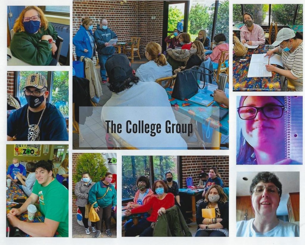 A photo collage of the College Group writing, reading and listening at the Staten Island Zoo Cafe