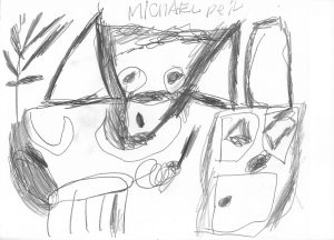 Michael Diel's drawing inspired by The Dog and The Pig Fable. The dog and pig are outside a door. 