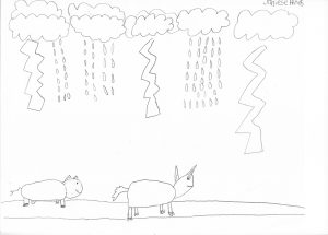 A dog and pig walk below clouds with rain and lightning. 