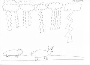 A dog and pig walk below clouds with rain and lightning.